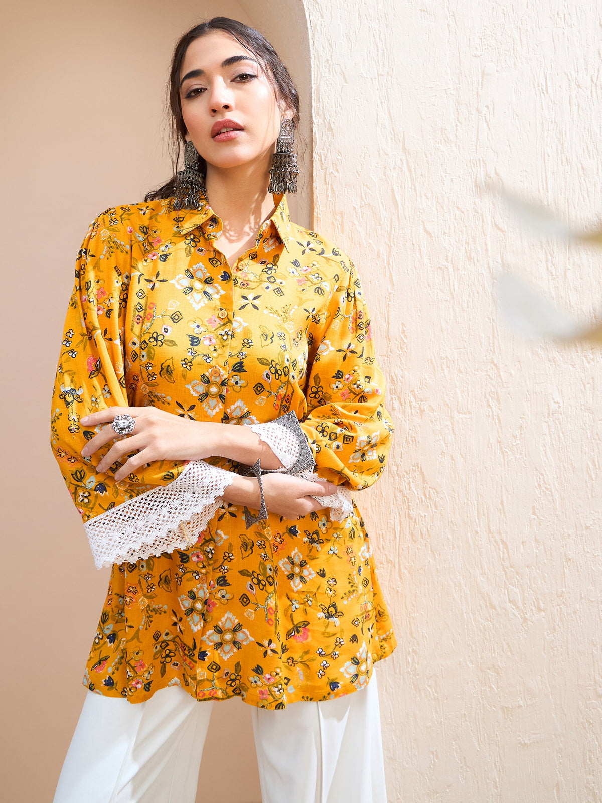 Women Mustard Floral Buttonned Collar Neck Kurti