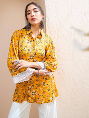 Women Mustard Floral Buttonned Collar Neck Kurti