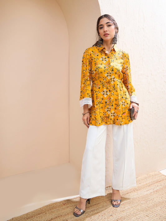 Women Mustard Floral Buttonned Collar Neck Kurti