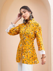 Women Mustard Floral Buttonned Collar Neck Kurti