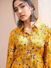 Women Mustard Floral Buttonned Collar Neck Kurti