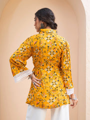 Women Mustard Floral Buttonned Collar Neck Kurti