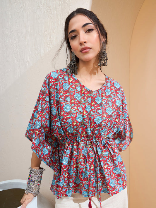 Women Red Floral Kaftan Kurti