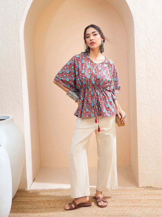 Women Red Floral Kaftan Kurti