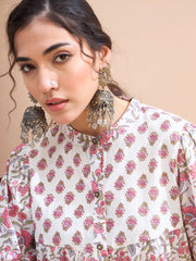 Women White Floral Sleeve Knot Buttonned Kurti