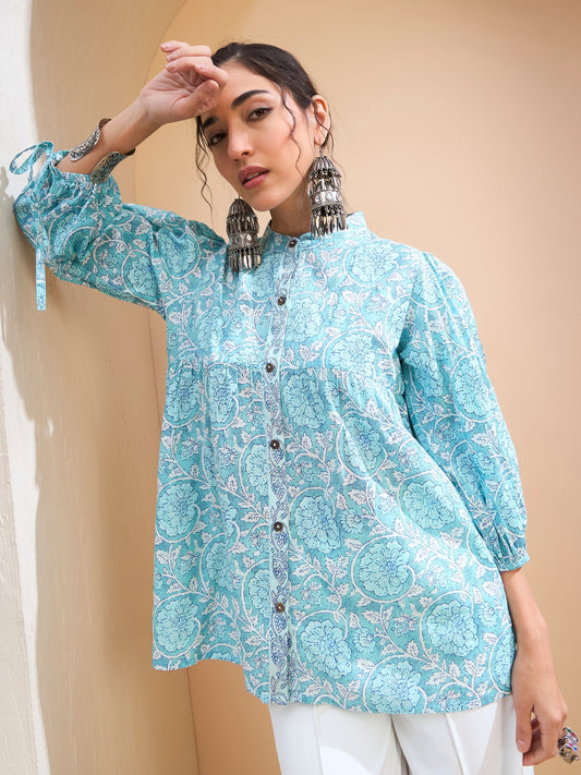 Women Blue Floral Sleeve Knot Buttonned Kurti