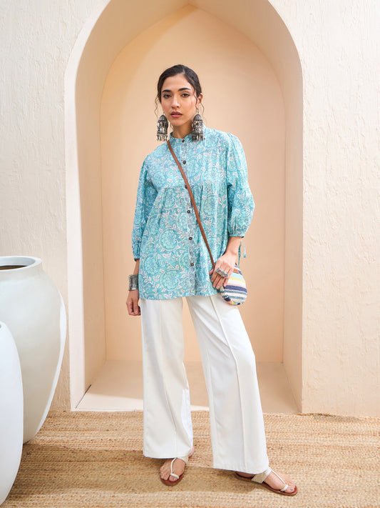 Women Blue Floral Sleeve Knot Buttonned Kurti