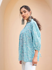 Women Blue Floral Sleeve Knot Buttonned Kurti