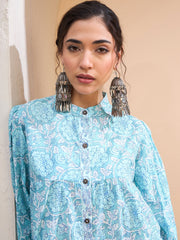 Women Blue Floral Sleeve Knot Buttonned Kurti