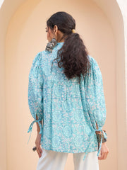 Women Blue Floral Sleeve Knot Buttonned Kurti