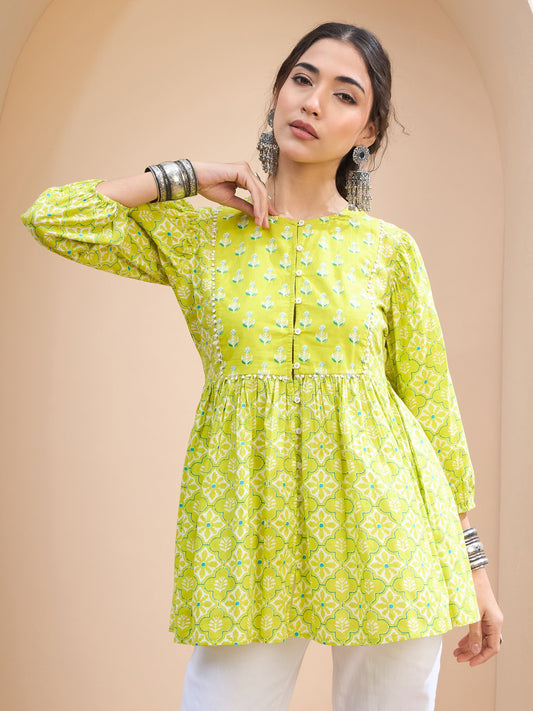 Women Lime Green Floral Buttonned Lace Neck Gathered Kurti