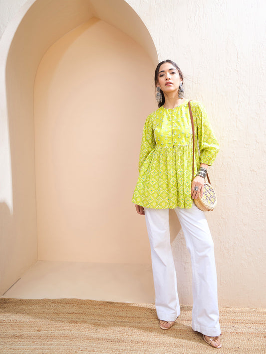 Women Lime Green Floral Buttonned Lace Neck Gathered Kurti