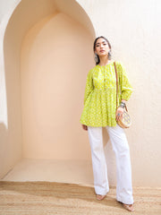 Women Lime Green Floral Buttonned Lace Neck Gathered Kurti