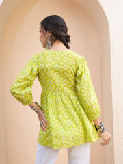 Women Lime Green Floral Buttonned Lace Neck Gathered Kurti