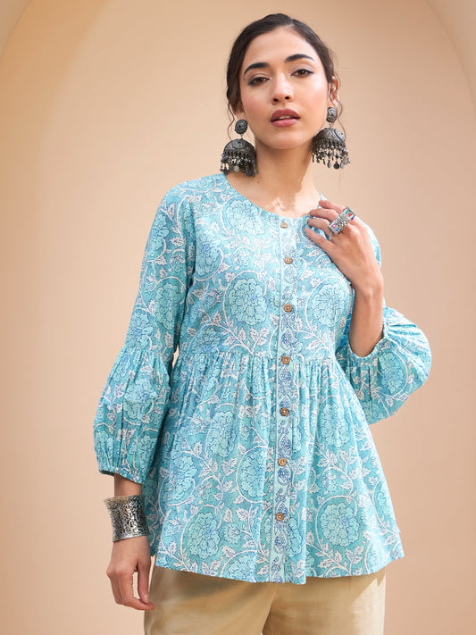 Women Blue Floral Wood Buttonned Gathered Kurti