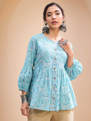 Women Blue Floral Wood Buttonned Gathered Kurti