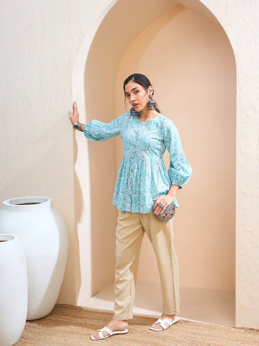 Women Blue Floral Wood Buttonned Gathered Kurti