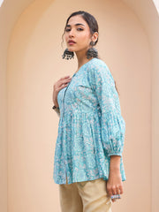 Women Blue Floral Wood Buttonned Gathered Kurti