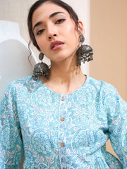 Women Blue Floral Wood Buttonned Gathered Kurti