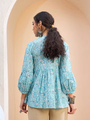 Women Blue Floral Wood Buttonned Gathered Kurti