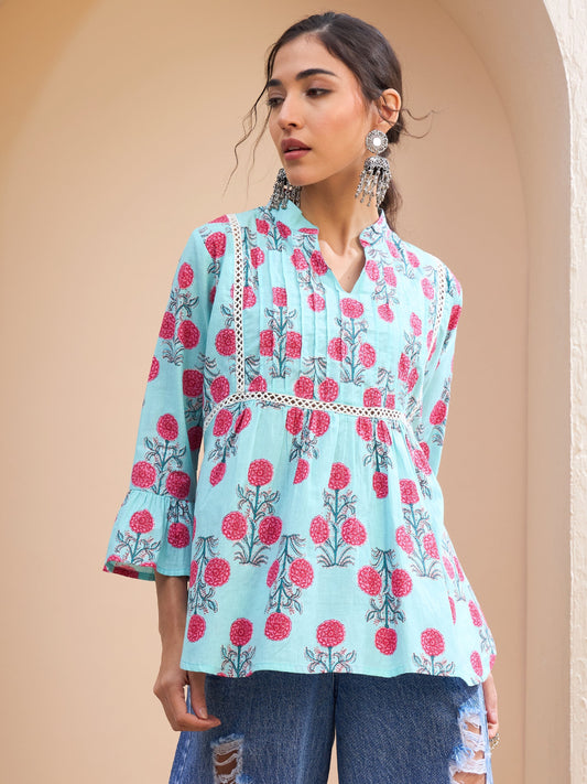 Women Blue Floral Front Pin Tuck Kurti