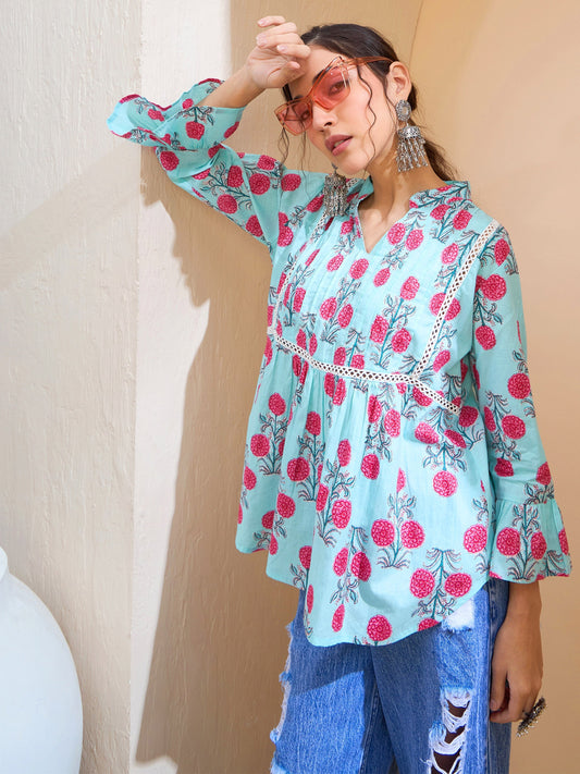 Women Blue Floral Front Pin Tuck Kurti