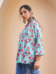 Women Blue Floral Front Pin Tuck Kurti
