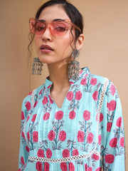 Women Blue Floral Front Pin Tuck Kurti