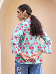 Women Blue Floral Front Pin Tuck Kurti
