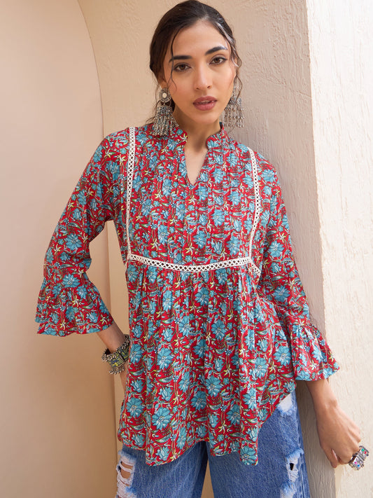 Women Red Floral Front Pin Tuck Kurti