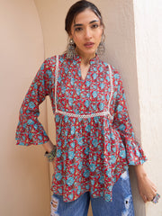 Women Red Floral Front Pin Tuck Kurti