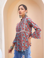 Women Red Floral Front Pin Tuck Kurti