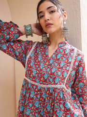 Women Red Floral Front Pin Tuck Kurti