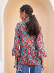 Women Red Floral Front Pin Tuck Kurti