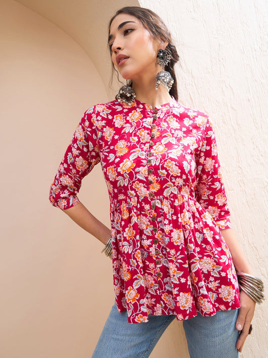 Women Red Floral Buttonned Gathered Kurti