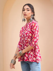 Women Red Floral Buttonned Gathered Kurti