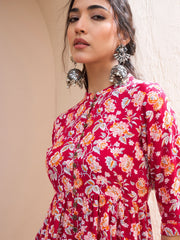 Women Red Floral Buttonned Gathered Kurti