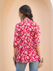 Women Red Floral Buttonned Gathered Kurti