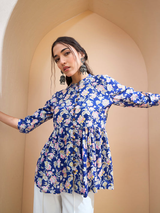 Women Blue Floral Buttonned Gathered Kurti