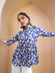 Women Blue Floral Buttonned Gathered Kurti