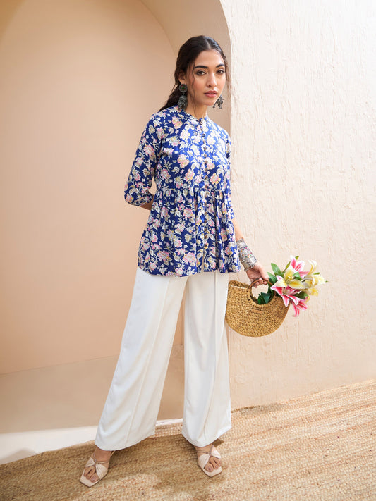 Women Blue Floral Buttonned Gathered Kurti