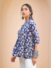Women Blue Floral Buttonned Gathered Kurti