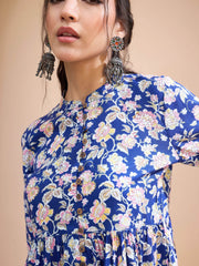 Women Blue Floral Buttonned Gathered Kurti