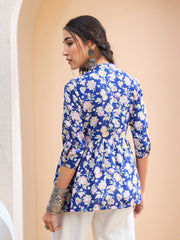 Women Blue Floral Buttonned Gathered Kurti