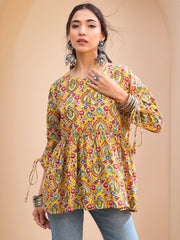 Women Yellow Floral Ruching Dori Sleeves Peplum Kurti