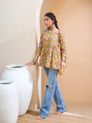Women Yellow Floral Ruching Dori Sleeves Peplum Kurti