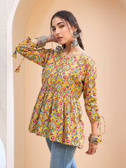 Women Yellow Floral Ruching Dori Sleeves Peplum Kurti