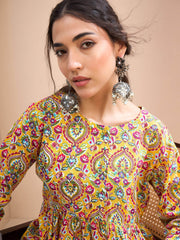 Women Yellow Floral Ruching Dori Sleeves Peplum Kurti