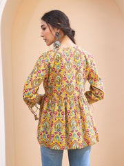 Women Yellow Floral Ruching Dori Sleeves Peplum Kurti