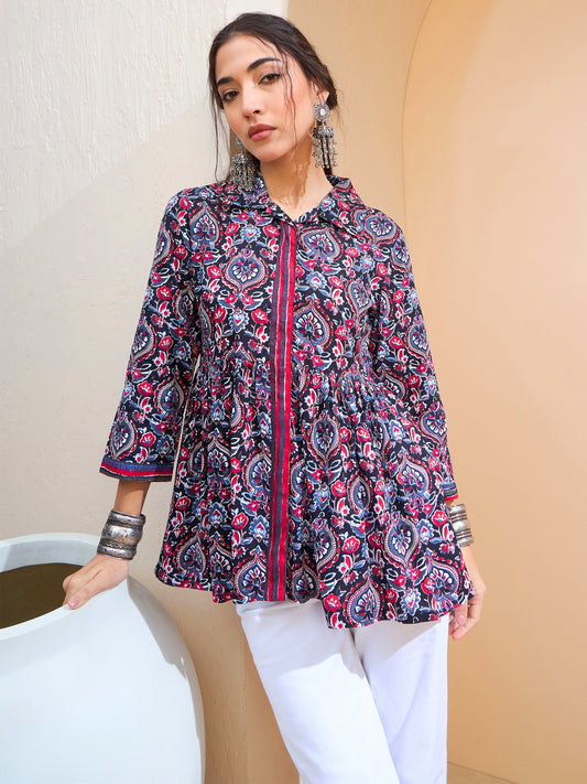 Women Black Floral Front Placket Collar Kurti